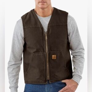 Carhartt Size L Tall Big Rugged Vest Men’s Dark Brown Lined Zip-Up Utility Vest